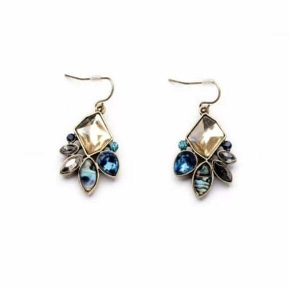 Blue Rhinestone Crystal Flower Vintage Gold Hook Statement Earrings - Picture 1 of 7